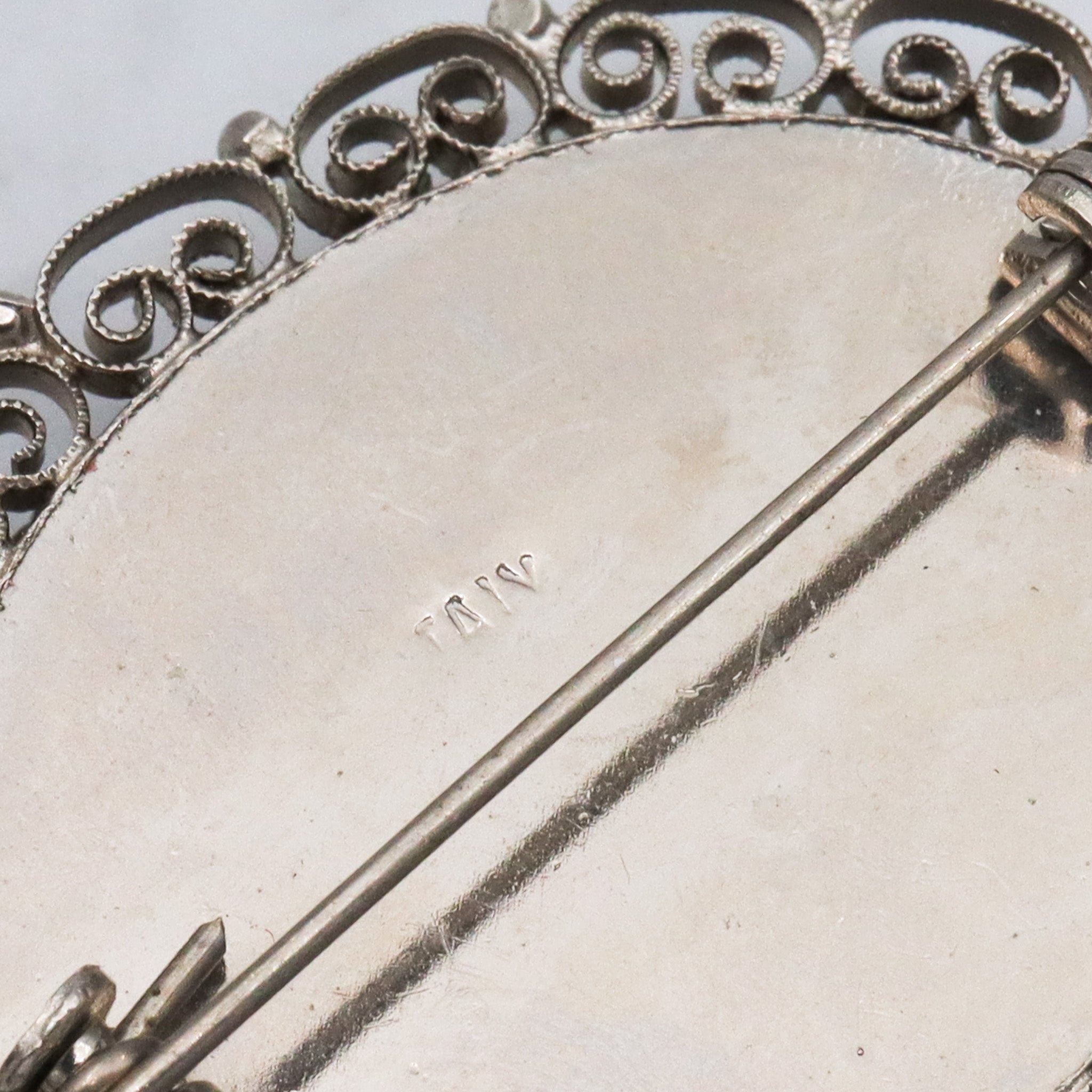 Vintage Spanish silver tone micro mosaic tile brooch